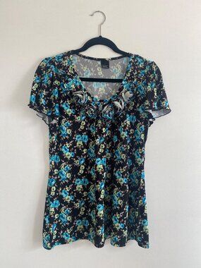 Floral Print Short Sleeve Tunic Top With Rosette Details - Large